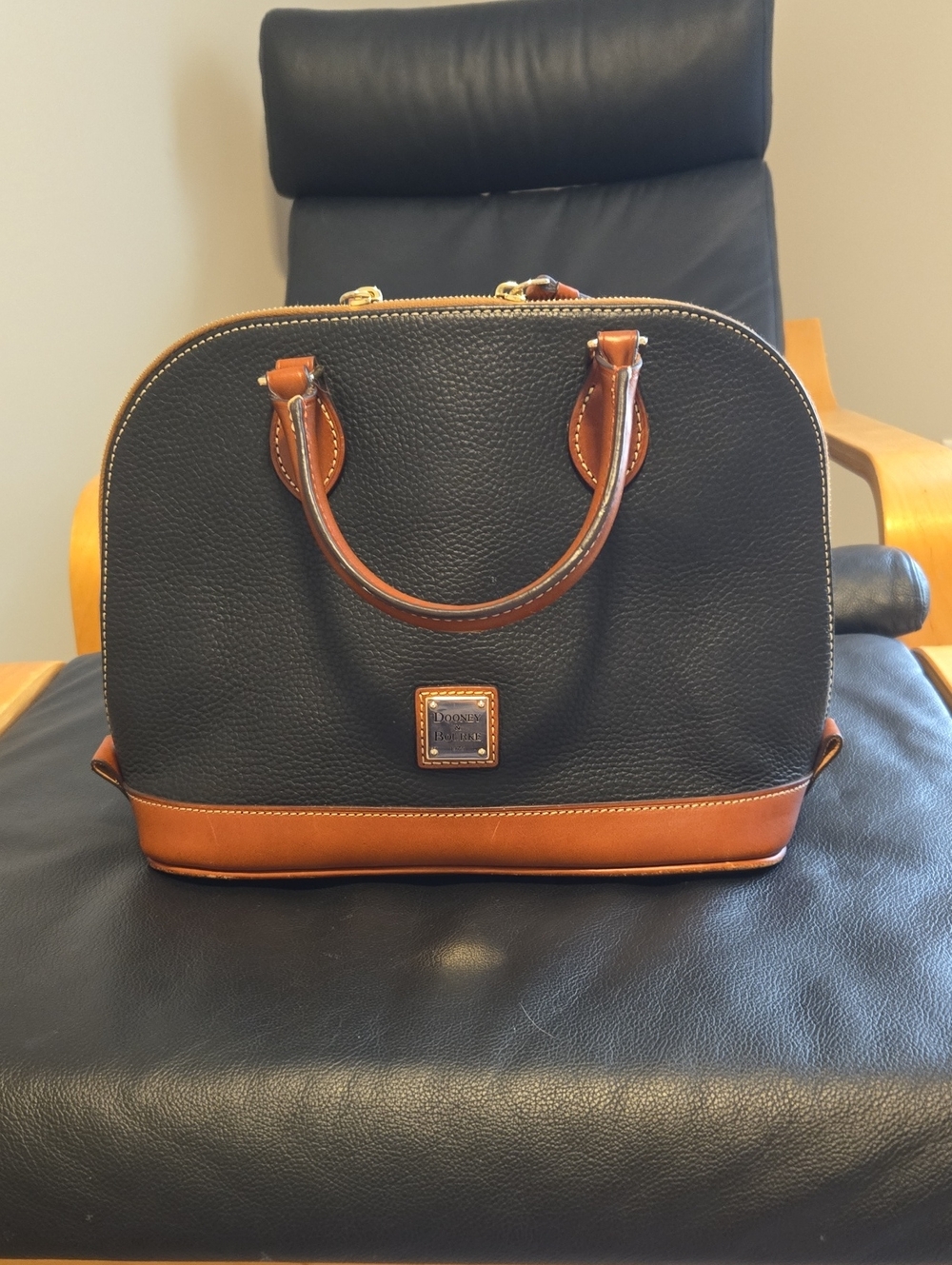 Dooney & Bourke Black Pebble Leather Dome Satchel with Brown Trim